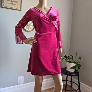 NWT Vintage Y2K Hype Velvet Mini Dress Wrap Pink Barbiecore Coquette Size 10